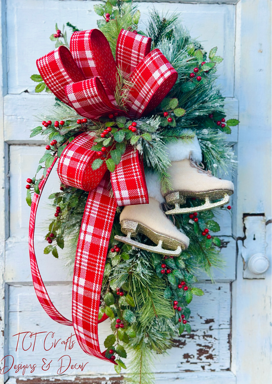 Ice Skate Christmas Swag with Red Plaid Bow | Large Holiday Door Decor TCT Crafts