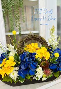 Blue Hydrangea & Yellow Primrose Floral Arrangement in Wooden Dough Bowl – High-End Spring Table Centerpiece