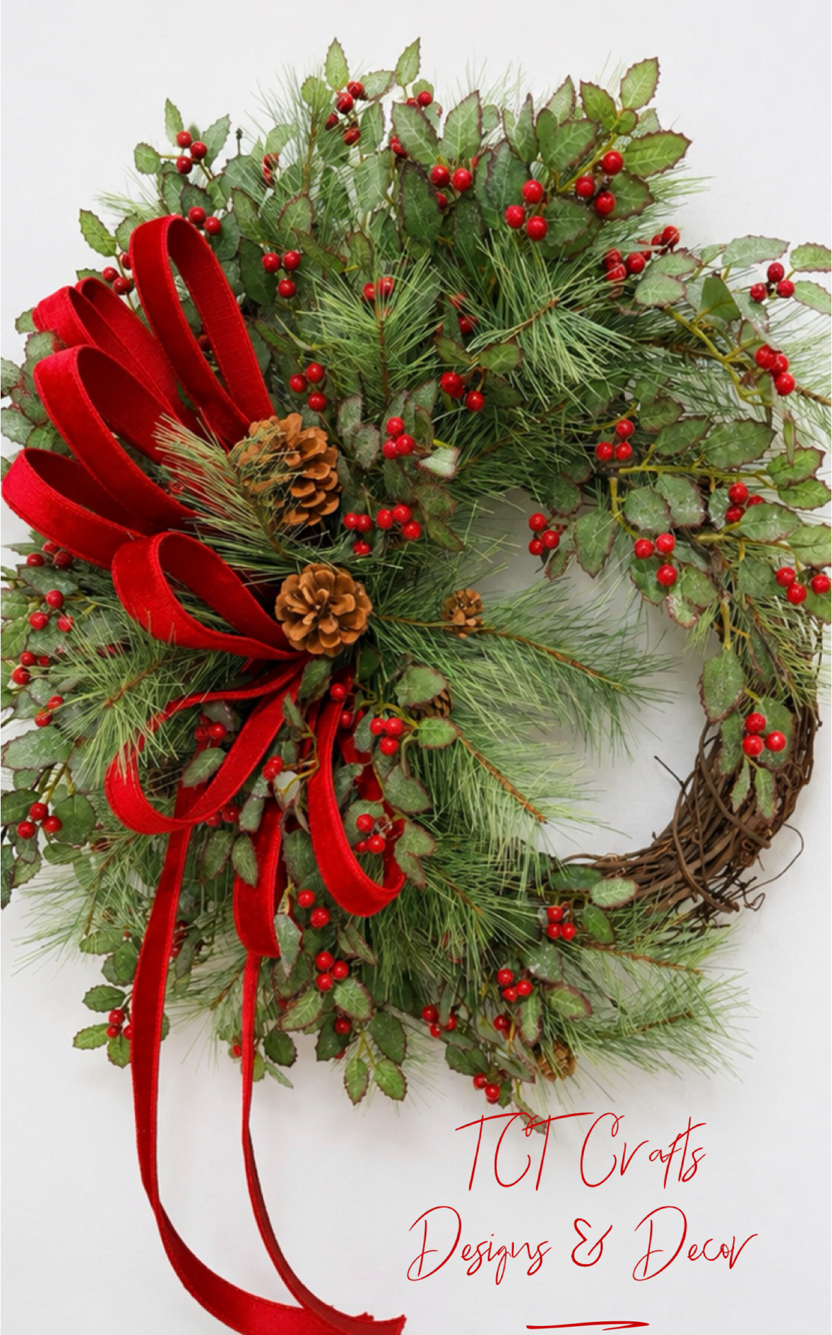 Classic Holly Pine Wreath | Red Velvet Farrisilk Ribbon Grapevine | 26" TCT Crafts