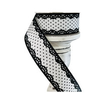 Load image into Gallery viewer, 1.5&quot;x10YD Black/White Raised Swiss Dot Lace Wired Ribbon - Elegant Texture for Timeless Crafts and Decor-RG08817L6