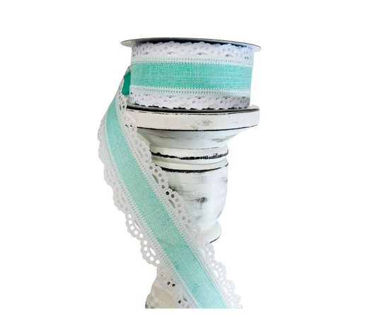 Mint Green and White Scalloped Edge Royal Burlap Wired Ribbon - 1.5 Inches Wide, 10 Yards Length - Perfect for Crafts-RGA1541AN TCT Crafts