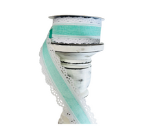 Load image into Gallery viewer, Mint Green and White Scalloped Edge Royal Burlap Wired Ribbon - 1.5 Inches Wide, 10 Yards Length - Perfect for Crafts-RGA1541AN