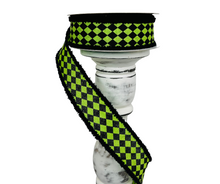 Load image into Gallery viewer, 1.5&quot;x10YD Harlequin on Royal/Drift Wired Ribbon - Lime Green/Black - Playful Elegance for Crafts and Decor (RGA8416E9)