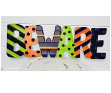 Load image into Gallery viewer, 19&quot;Lx6.5&quot;H Metal Embossed &#39;Beware&#39; Halloween Sign - Spooky Decor in Black, Purple, Orange, and Green-(MD0707)