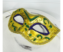 Load image into Gallery viewer, Masquerade Mardi Gras Mask - Gold/Purple/Green, 6.5&quot;Lx3.75&quot;H-HG1041