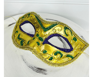 Masquerade Mardi Gras Mask - Gold/Purple/Green, 6.5"Lx3.75"H-HG1041