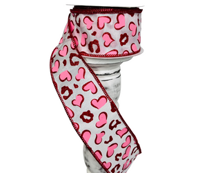 2.5"x10YD Heart Leopard Spots Valentine's Day Wired Ribbon - Pink/Red/White - Playful Romance for Crafts and Decor-(RGC189724)