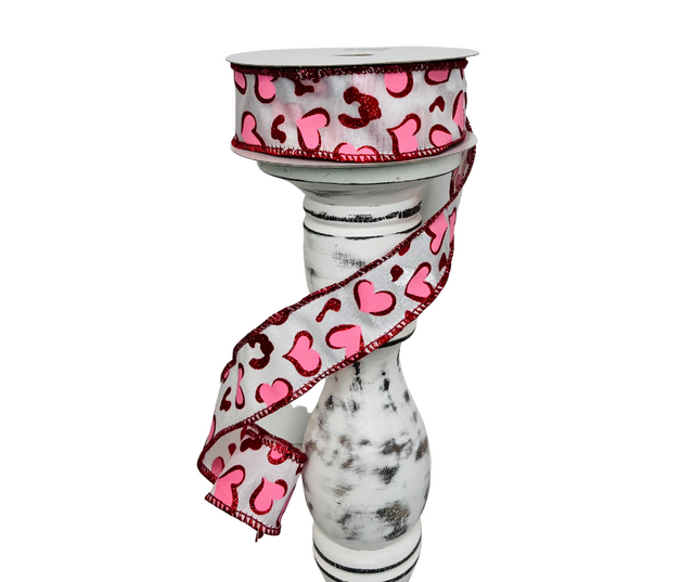 1.5"x10YD Heart Leopard Spots Valentine's Day Wired Ribbon - Pink/Red/White - Playful Romance for Crafts and Decor (RGC189624) TCT Crafts