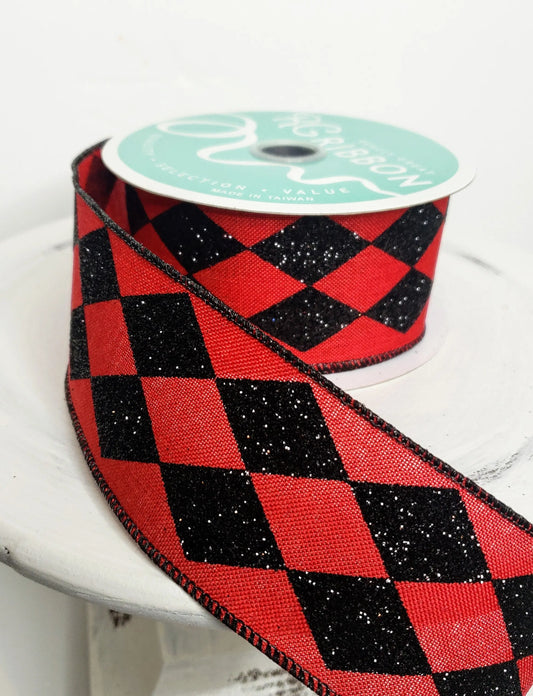 RGA149924-2 Inch Glitter Harlequin Check Wired Ribbon-Red/Black - TCTCrafts