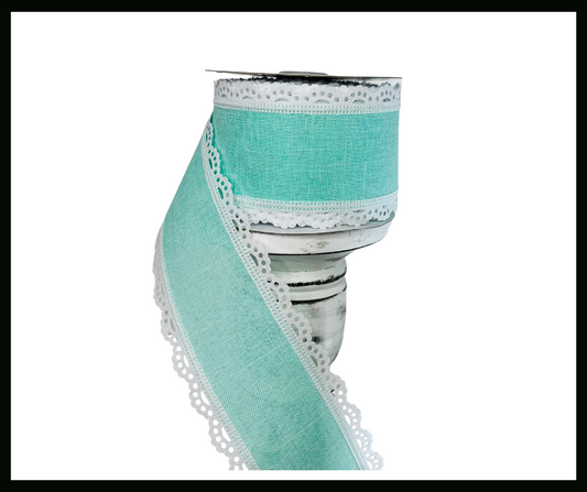 2.5"x10YD Mint Green/White Scalloped Edge Royal Burlap Wired Ribbon - Rustic Charm with a Touch of Elegance-RGA1542AN TCT Crafts