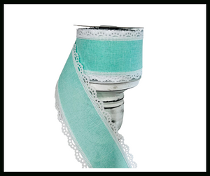 2.5"x10YD Mint Green/White Scalloped Edge Royal Burlap Wired Ribbon - Rustic Charm with a Touch of Elegance-RGA1542AN