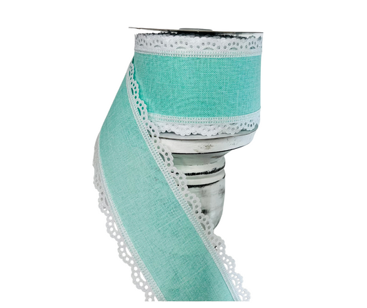 2.5"x10YD Mint Green/White Scalloped Edge Royal Burlap Wired Ribbon - Rustic Charm with a Touch of Elegance-RGA1542AN TCT Crafts