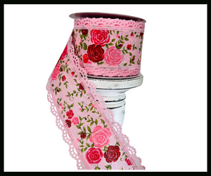 2.5"x10YD Mini Roses Pink Wired Ribbon - Delicate Floral Elegance for Your Crafts-RGA859215