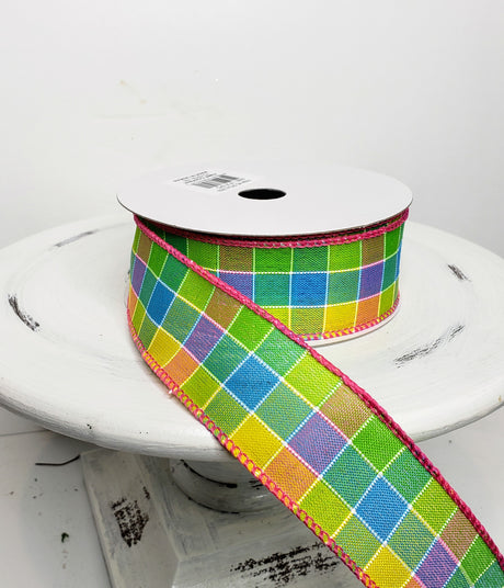 RGA1859-Bright Check Spring Ribbon Green/Pink/Yellow/Blue - TCTCrafts