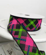 RGA143202-Printed Plaid on Royal Spring Ribbon-Black/Lime/Hot Pink/Blue - TCTCrafts