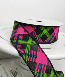 RGA143202-Printed Plaid on Royal Spring Ribbon-Black/Lime/Hot Pink/Blue - TCTCrafts