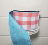 41147-40-46 2.5"x10Yds Double Sided Coral/Aqua Linen Buffalo Plaid Spring Ribbon - TCTCrafts