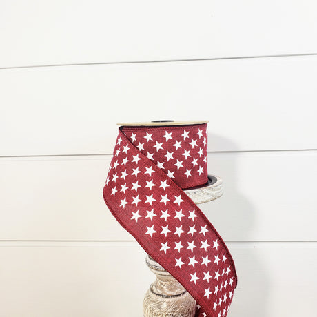 88-1681 D Stevens Faux Linen Small Stars wired ribbon Red/White - TCTCrafts