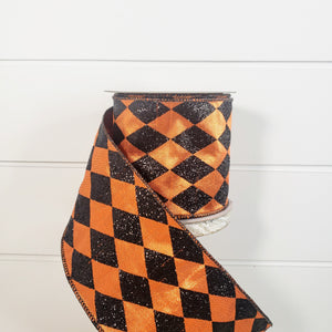 RA689-52 Premium Wired 4 x 10yd Farrisilk Diamond Harlequin Ribbon Orange/Black - TCTCrafts