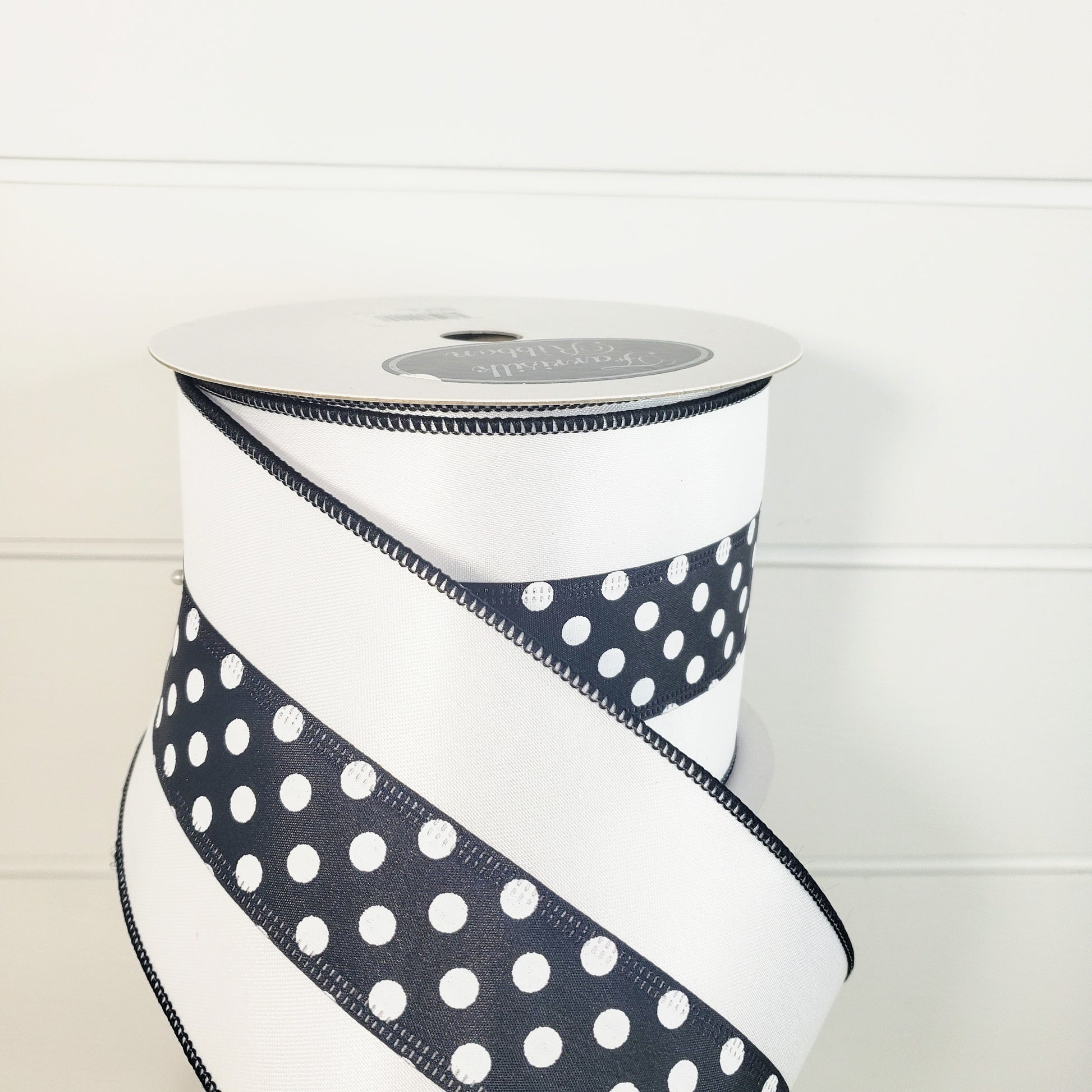 RD893-43 Premium Wired 4x10yd Farrisilk Polka Dot Trim Ribbon-White/Black - TCTCrafts