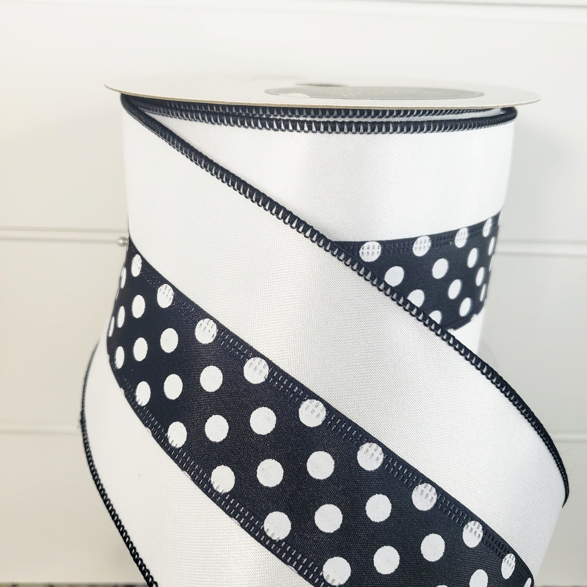 RD893-43 Premium Wired 4x10yd Farrisilk Polka Dot Trim Ribbon-White/Black - TCTCrafts
