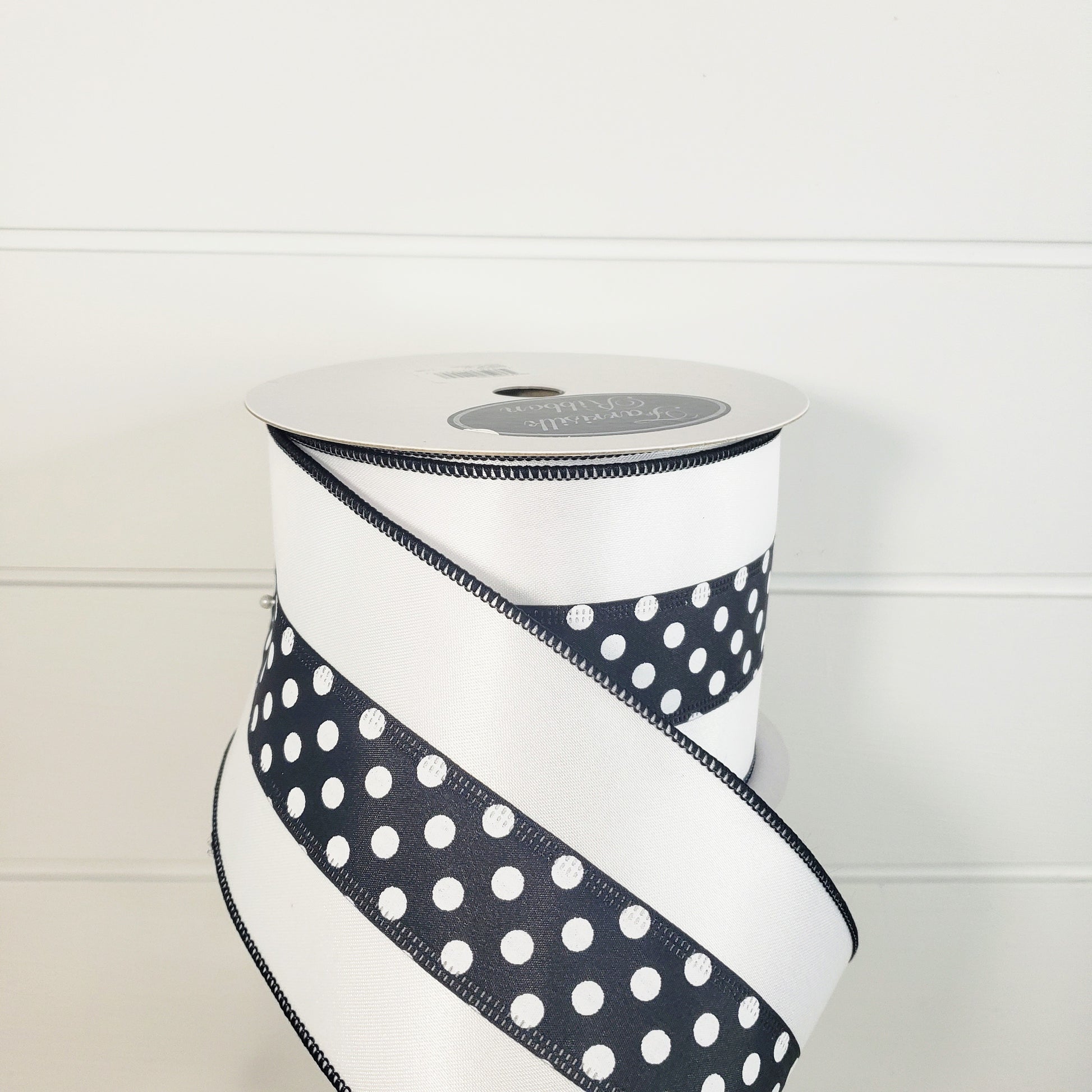 RD893-43 Premium Wired 4x10yd Farrisilk Polka Dot Trim Ribbon-White/Black - TCTCrafts