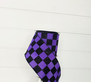 4"x10YD Glitter Check on Royal Ribbon - Elegant Sparkle in Purple and Black-RGA149823