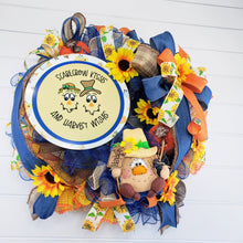 Load image into Gallery viewer, Large Primitive Fall Scarecrow Door Wreath - 26x23x9 Inches, Handcrafted with Deco Mesh, Faux Pumpkins, Sunflowers, Custom Sign, Bows &amp; Ribbons-TCT1402