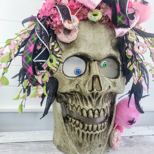 Large Animated Pink Candyland Skull Porch Decorations-(TCT1410)