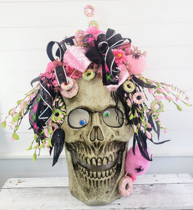 Large Animated Pink Candyland Skull Porch Decorations-(TCT1410)