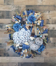 Load image into Gallery viewer, Tan/Blue Animal Print Fall Pumpkin Leopard Wreath-TCT1419