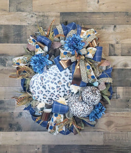 Tan/Blue Animal Print Fall Pumpkin Leopard Wreath-TCT1419
