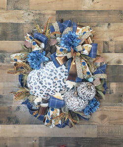 Tan/Blue Animal Print Fall Pumpkin Leopard Wreath-TCT1419
