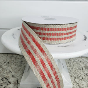 25724W-756-09H 1.5"x20 Yards Linen Candystripe Wired Edge Ribbon-Natural/Red - TCTCrafts