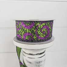 Load image into Gallery viewer, 1.5&quot;x10YD Halloween Glitter Swirl Wired Ribbon - Lime/Purple - Enchanting Elegance for Spooky Crafts and Decor (51101-09-09)
