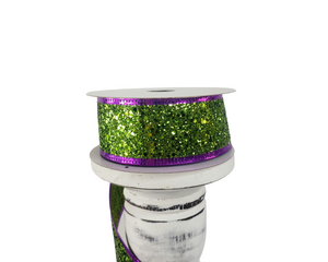 1.5"x10YD Halloween Glitter Lime Green Wired Ribbon - Purple Edge - Spooktacular Sparkle for Crafts and Decor (55108-09-09)