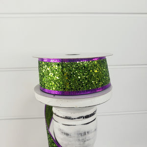 1.5"x10YD Halloween Glitter Lime Green Wired Ribbon - Purple Edge - Spooktacular Sparkle for Crafts and Decor (55108-09-09)