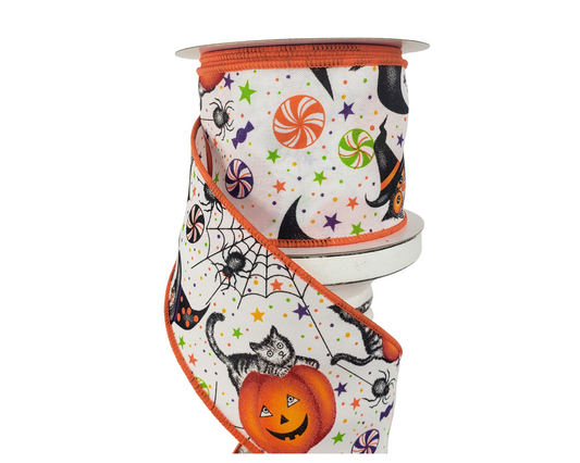 2.5"x10YD Halloween Collage Satin Wired Ribbon-Orange/Black/White (58101-40-01) Jascotina