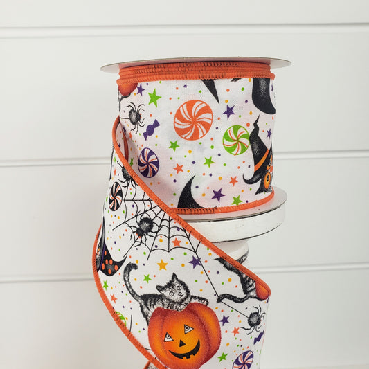 2.5"x10YD Halloween Collage Satin Wired Ribbon-Orange/Black/White (58101-40-01) Jascotina