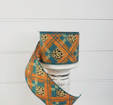 2.5inx10yd Satin Cheetah Print Plaid Fall Ribbon-Teal/Orange(61118-40-39) Jascotina