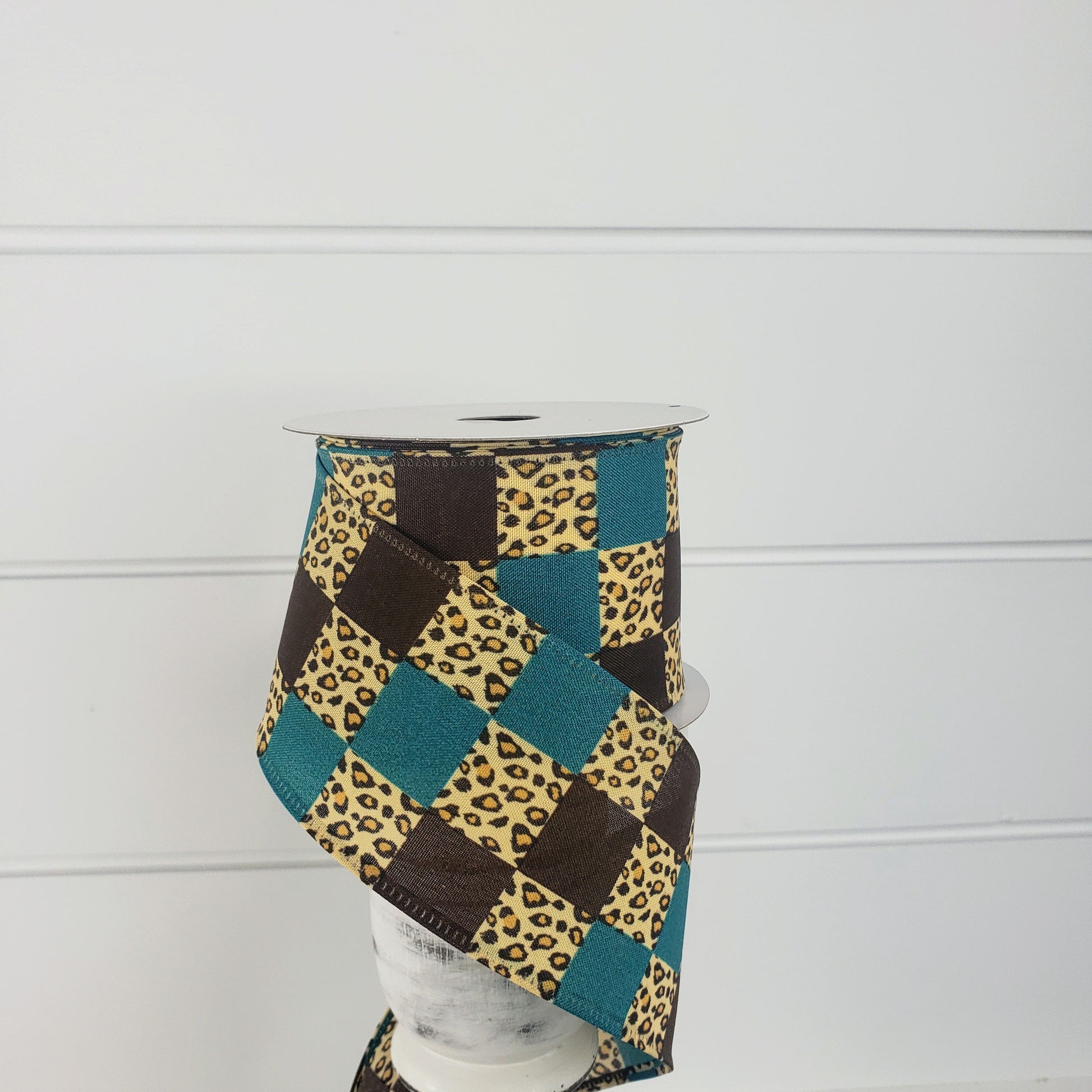 2.5"x10YD Teal Brown Cheetah Check Fall Wired Ribbon - Exotic Elegance for Autumn Crafts and Decor -(65110-40-33) TCT Crafts