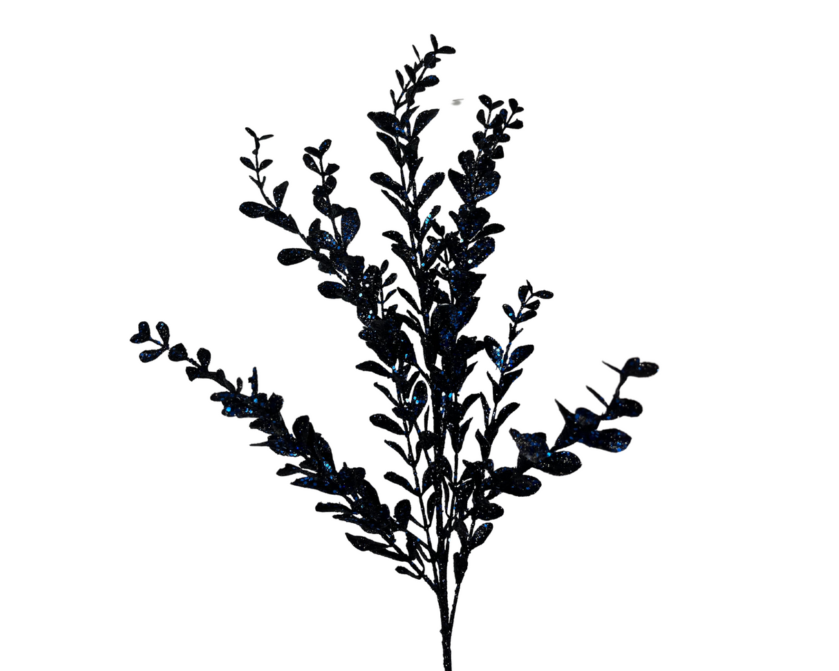 22" Midnight Blue Glitter Boxwood Spray: Elegant Home & Holiday Decor Accent-(106295) Direct Export