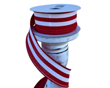 Load image into Gallery viewer, 1.5&quot;x10YD Vertical Striped Red Wired Christmas Ribbon - White/Red - Festive Accent for Holiday Crafts and Decor-RGC156524
