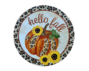 Hello Fall W/Pumpkins and Sunflowers Sign - Tan/Brown/Orange/Copper, 12" Round Metal-MD0804