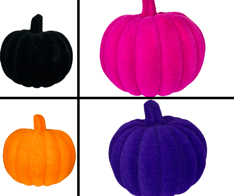 Flocked Pumpkin with Stem - Festive Halloween Decor in Your Choice of Pink, Black, Orange, or Purple - 8x7.25"-HA044398