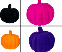 Load image into Gallery viewer, Flocked Pumpkin with Stem - Festive Halloween Decor in Your Choice of Pink, Black, Orange, or Purple - 8x7.25&quot;-HA044398