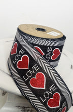 Load image into Gallery viewer, DS88-3378-4 inch Faux Linen Herringbone Red Glitter Hearts Valentine&#39;s Day Wired Ribbon - TCTCrafts