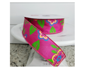 1.5 inch x 25 Yards Fuchsia Hot Pink Flower Spring Wired Ribbon - Vibrant Blooms for Spring Crafts and Decor-92226W-222-09J