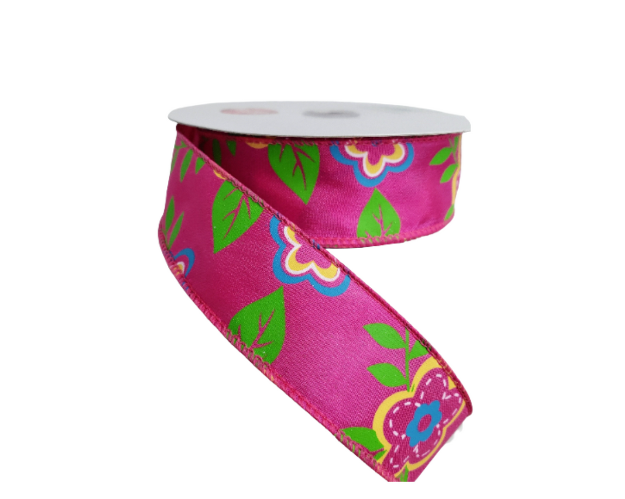 1.5 inch x 25 Yards Fuchsia Hot Pink Flower Spring Wired Ribbon - Vibrant Blooms for Spring Crafts and Decor-92226W-222-09J TCT Crafts