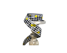 Load image into Gallery viewer, 1.5&quot;x10YD Black/White Gingham Wired Bee Ribbon - Buzzing Charm for Whimsical Crafts and Decor-45105-09-21